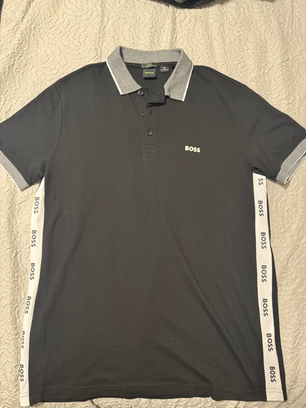 Boss Black Polo with White Brand Tape and Grey Trim